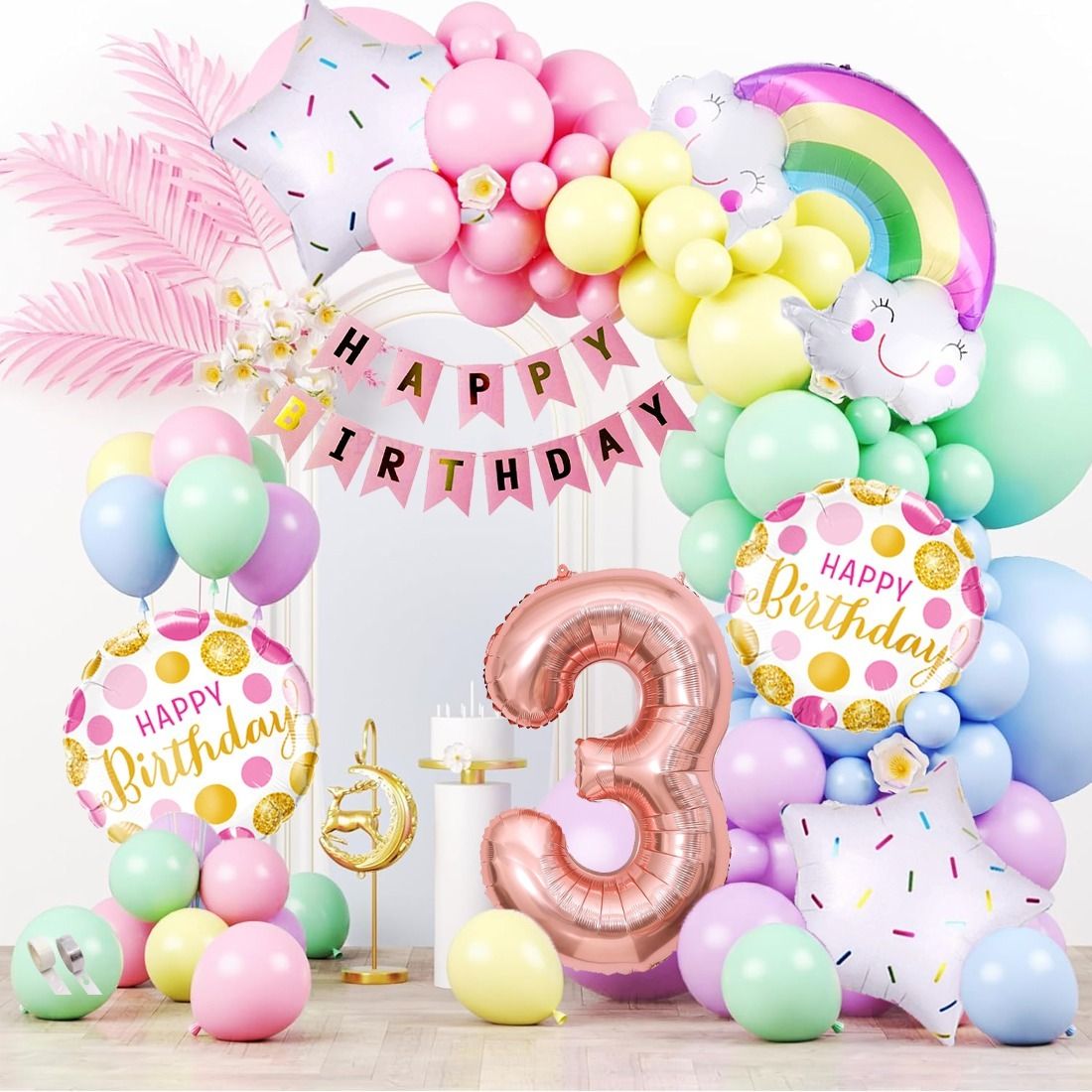 Printed Rainbow Cloud Theme Third Birthday Pastel Balloons Decoration Kit For Baby Balloon Bouquet-image-15