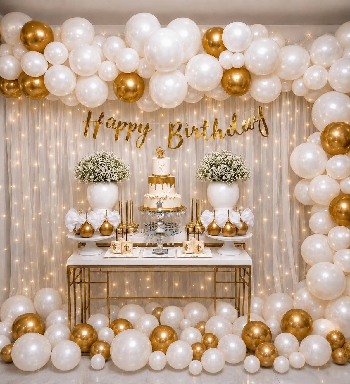 tigorik Solid Happy Birthday Gold Or White Balloon Decoration Set 45 pcs Balloon-picture-42