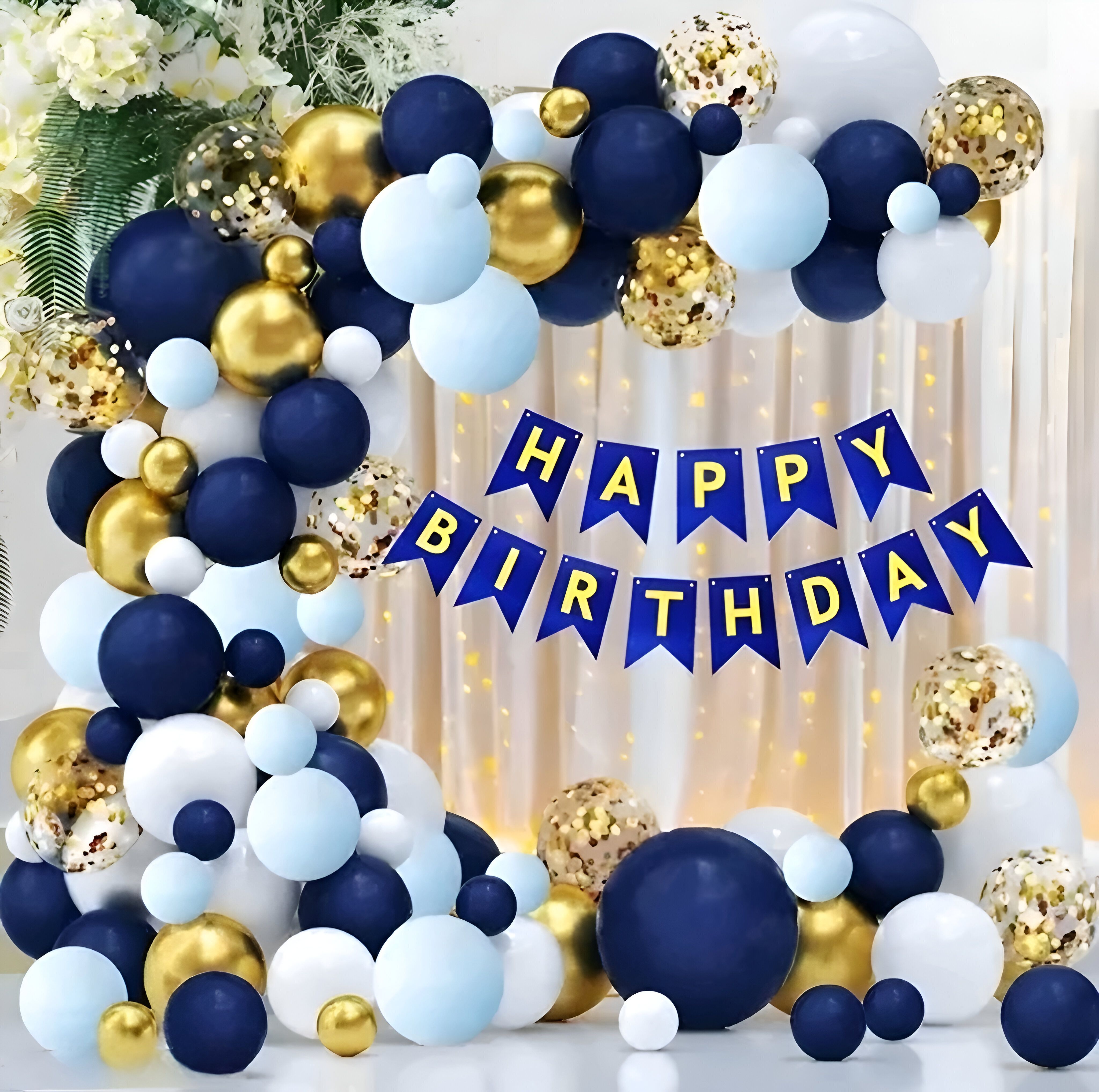 Solid Blue Birthday Decoration Kit With White Net Cloth and Led Light Balloon-image-25