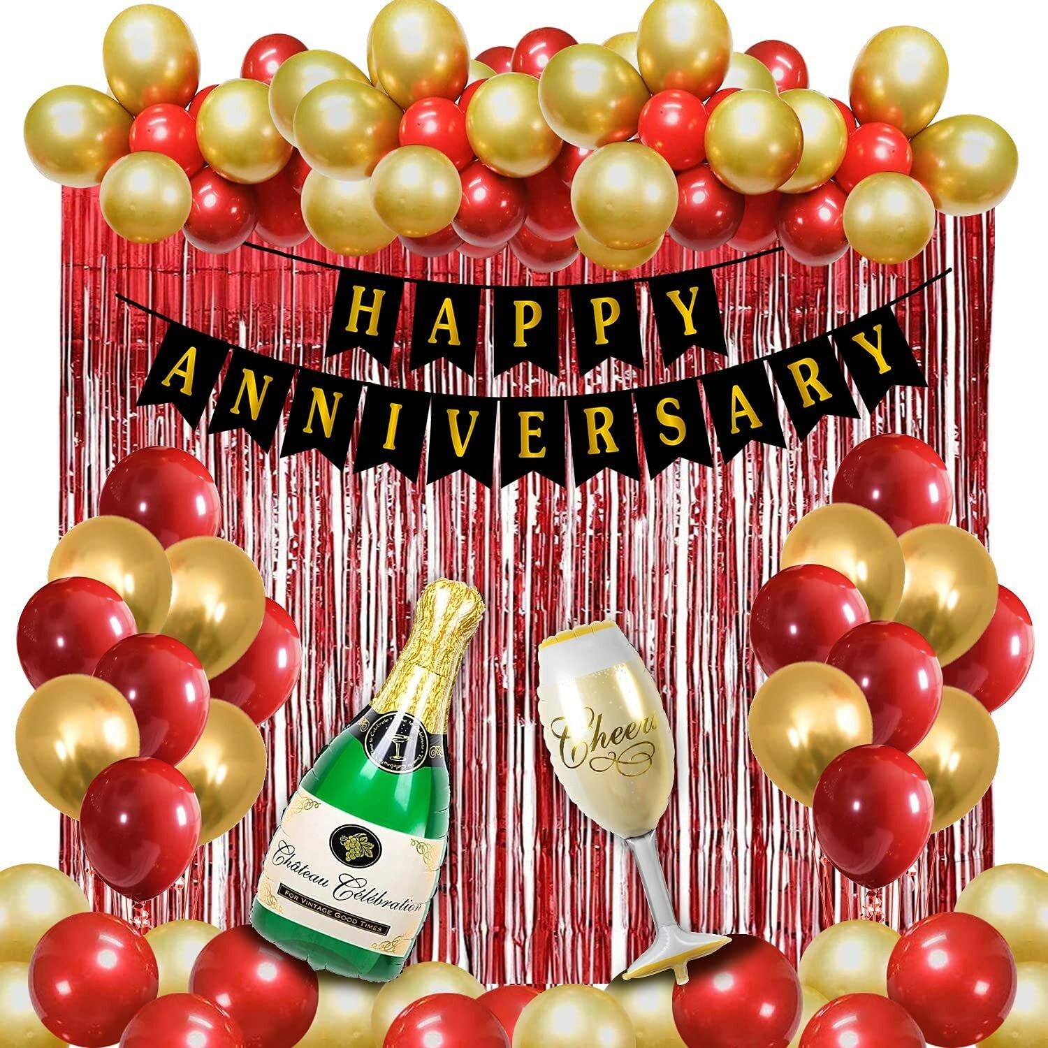 Solid Happy Anniversary Banner Combo with Foil Curtain , Champagne Foil , Metallic Balloon & Curling Ribbon for Anniversary Party Decorations / Wedding Anniversary Decoration Items Letter Balloon-image-7