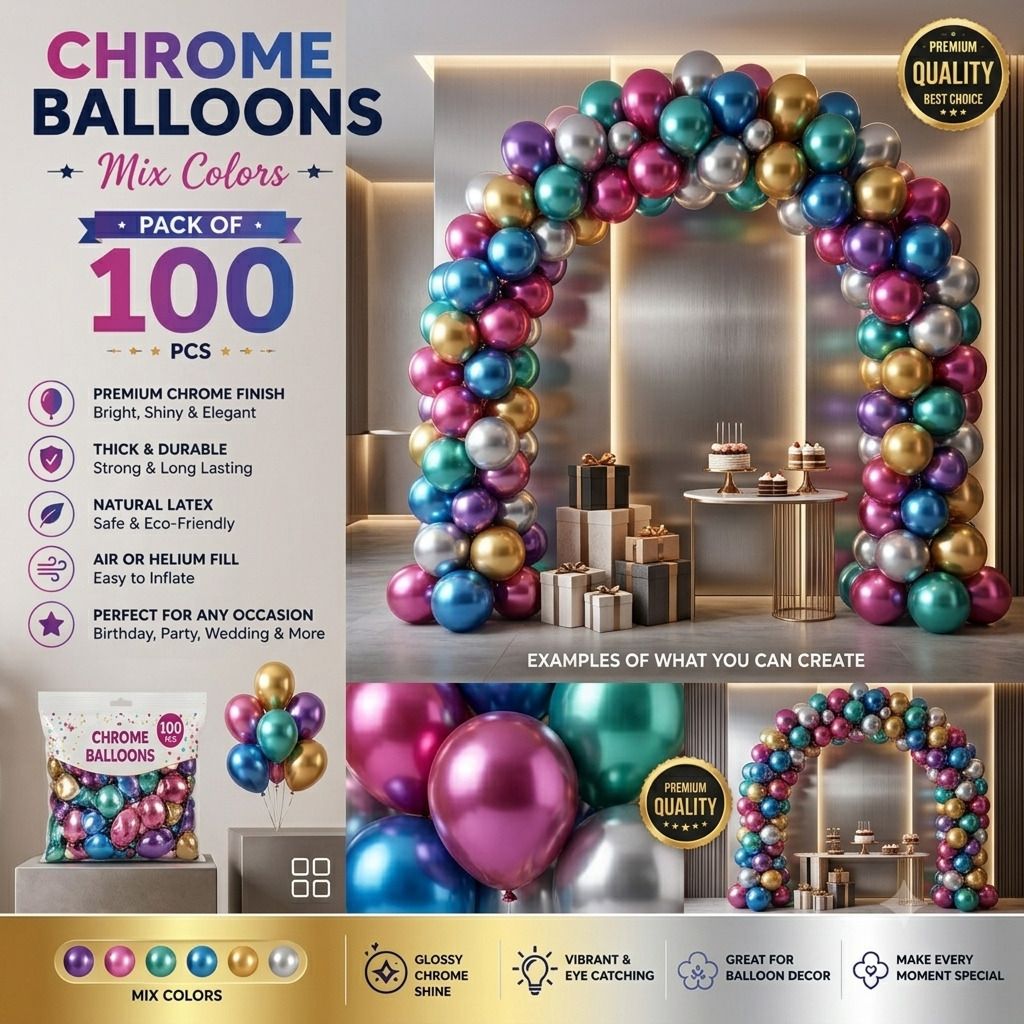 theurbancrest Solid 12 Inch Chrome Balloons Mix Color Pack of 100 for Wedding Decoration Balloon-picture-12