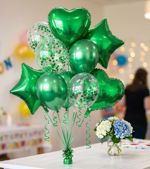 Solid Green Balloon Bouquet Kit with Chrome Confetti Heart Star Mylar Balloons Set Balloon-image-1