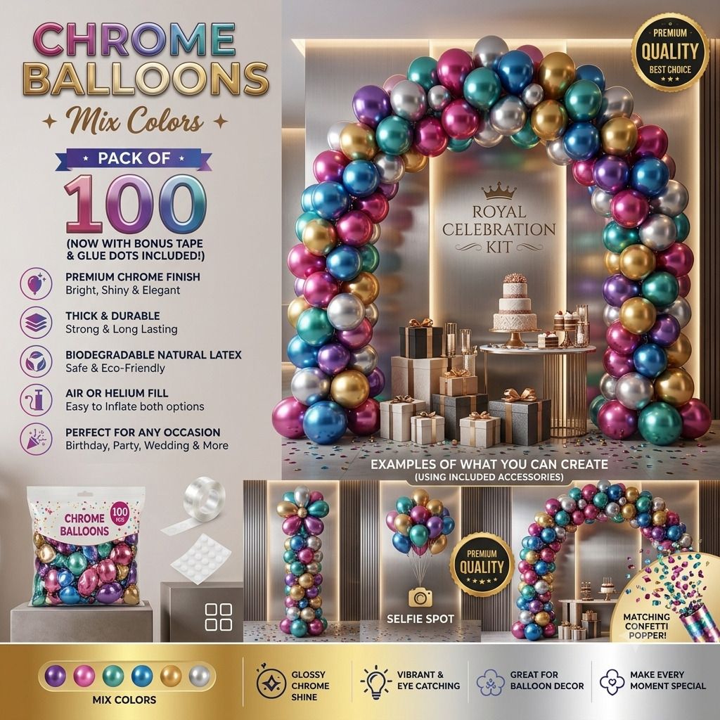 theurbancrest Solid Chrome Balloons 100 PCS Mix Color with Free Arch Strip & 100 Glue Dots Balloon-picture-11