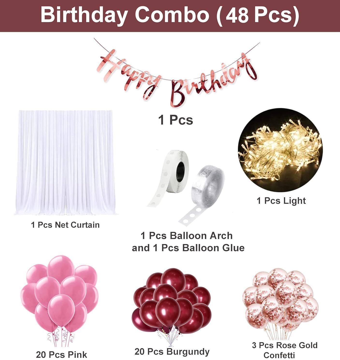 party midlinkerz Solid Burgandy Birthday Decoration items kit with White Net Curtain for Kids & Adult Balloon-picture-10