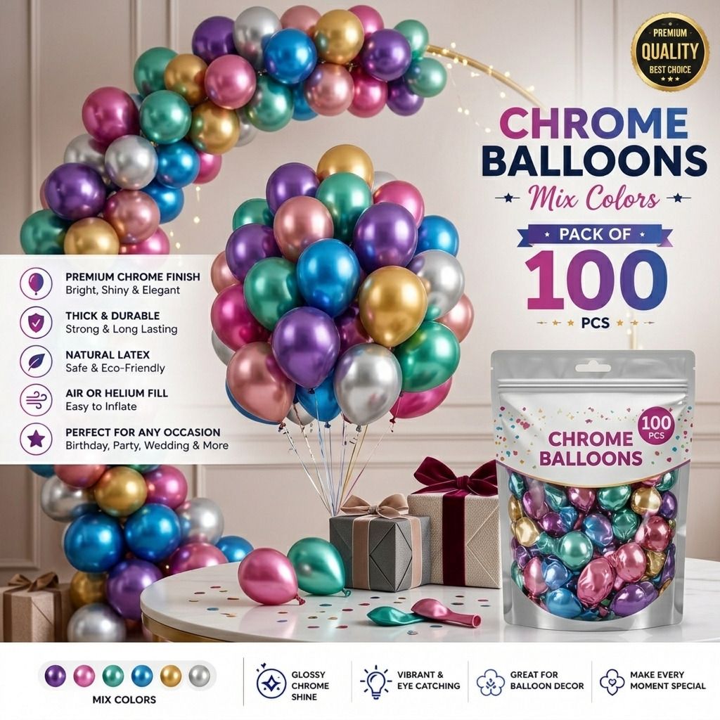 theurbancrest Solid 12 Inch Chrome Metallic Balloons 100 PCS | Premium Latex Balloons for Decoration Balloon-picture-13