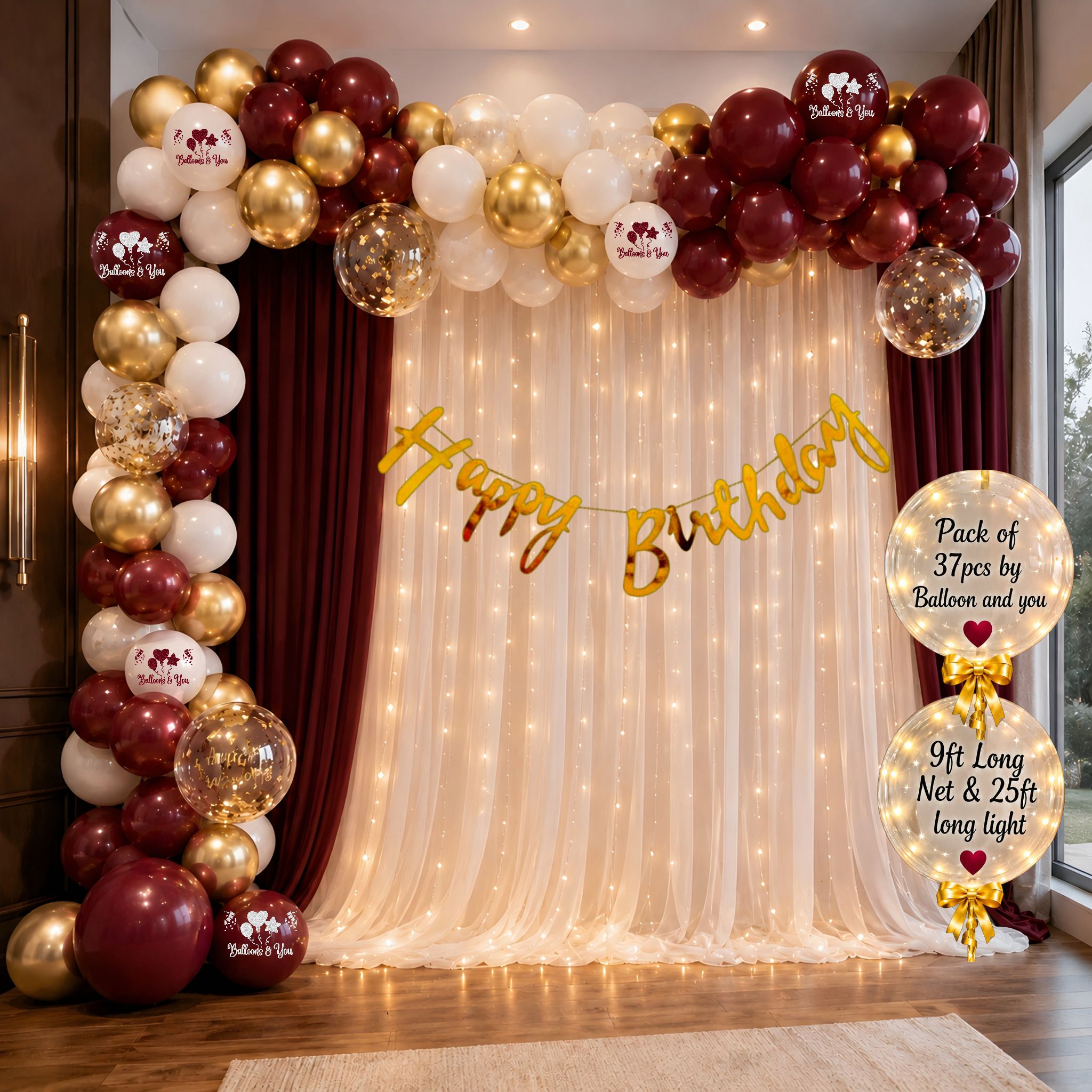 balloon and you Solid Happy Birthday Decoration Kit Maroon White Gold Balloons with LED & Curtain Balloon-picture-17