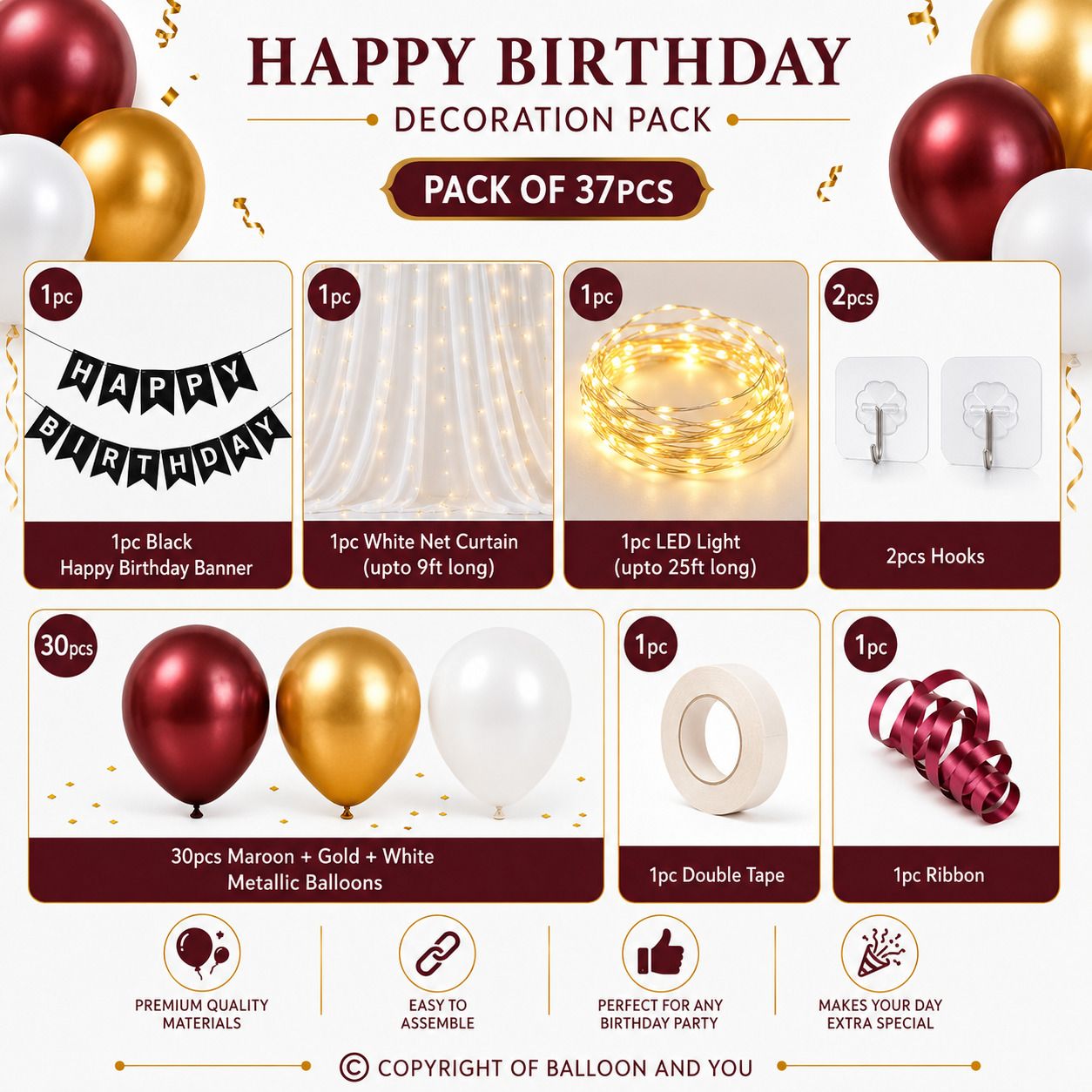 Solid Maroon White Gold Birthday Decoration Kit with LED Light & Net Curtain Balloon-image-12