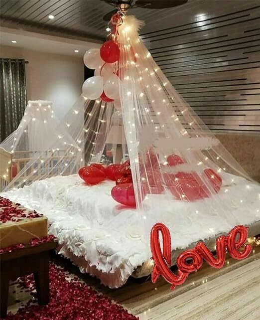 Solid Tent Romantic Decoration Set Love Balloons Foil Heart LED Light, White Curtains Balloon-image-10