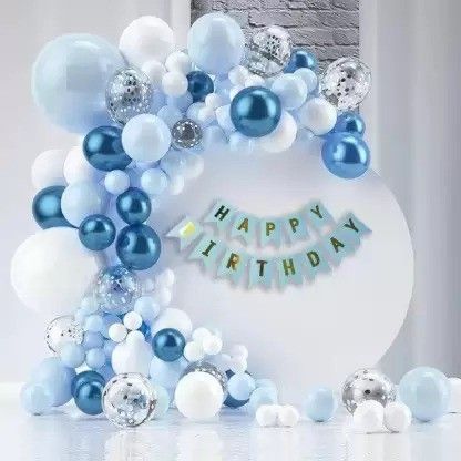 Printed Blue White Pastel Birthday Decorations kit,Banner,Confetti,Chrome Balloons Balloon-image-7