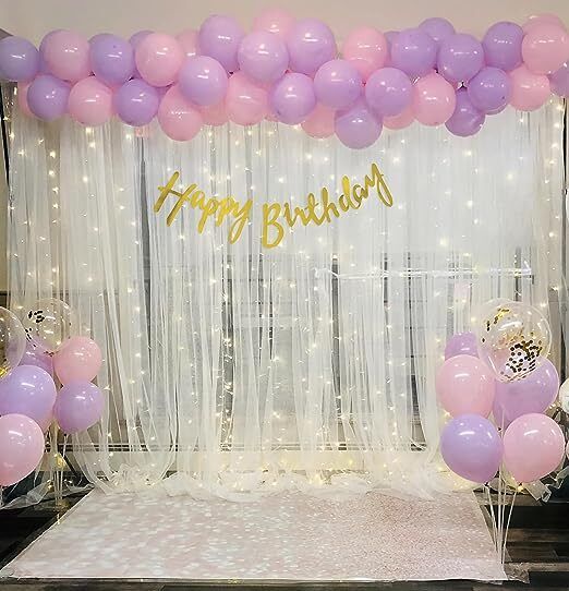 Solid Girl Pink Burgandy Birthday Kit with White Net Curtain Cloth and LED Lights Balloon-image-23