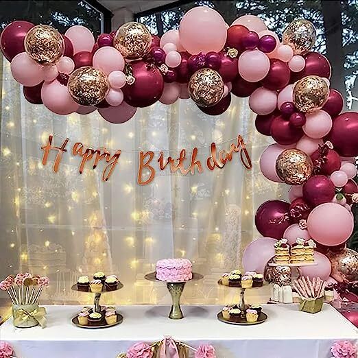Solid Girl Pink Burgandy Birthday Kit with White Net Curtain Cloth and LED Lights Balloon