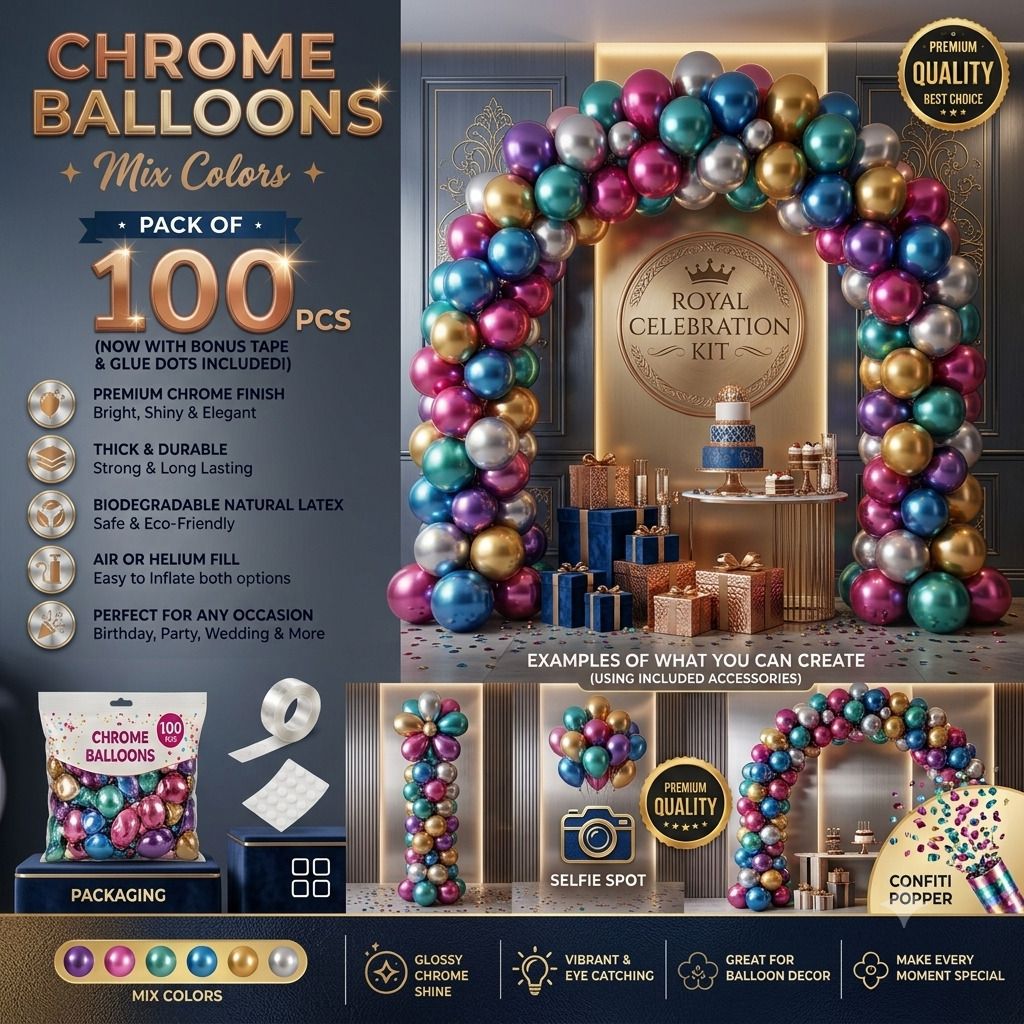 theurbancrest Solid 100 PCS Chrome Balloons Pack with 5M Arch Strip & 100 Glue Dots Free Balloon-picture-10