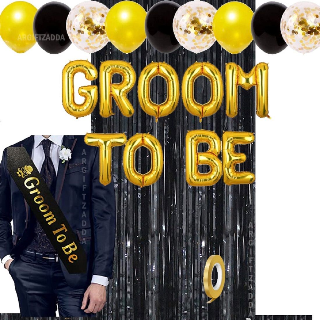giftzadda Printed "Groom to be" Foil Balloon Golden Black Decoration Kit with Black Satin Sash Letter Balloon-picture-12