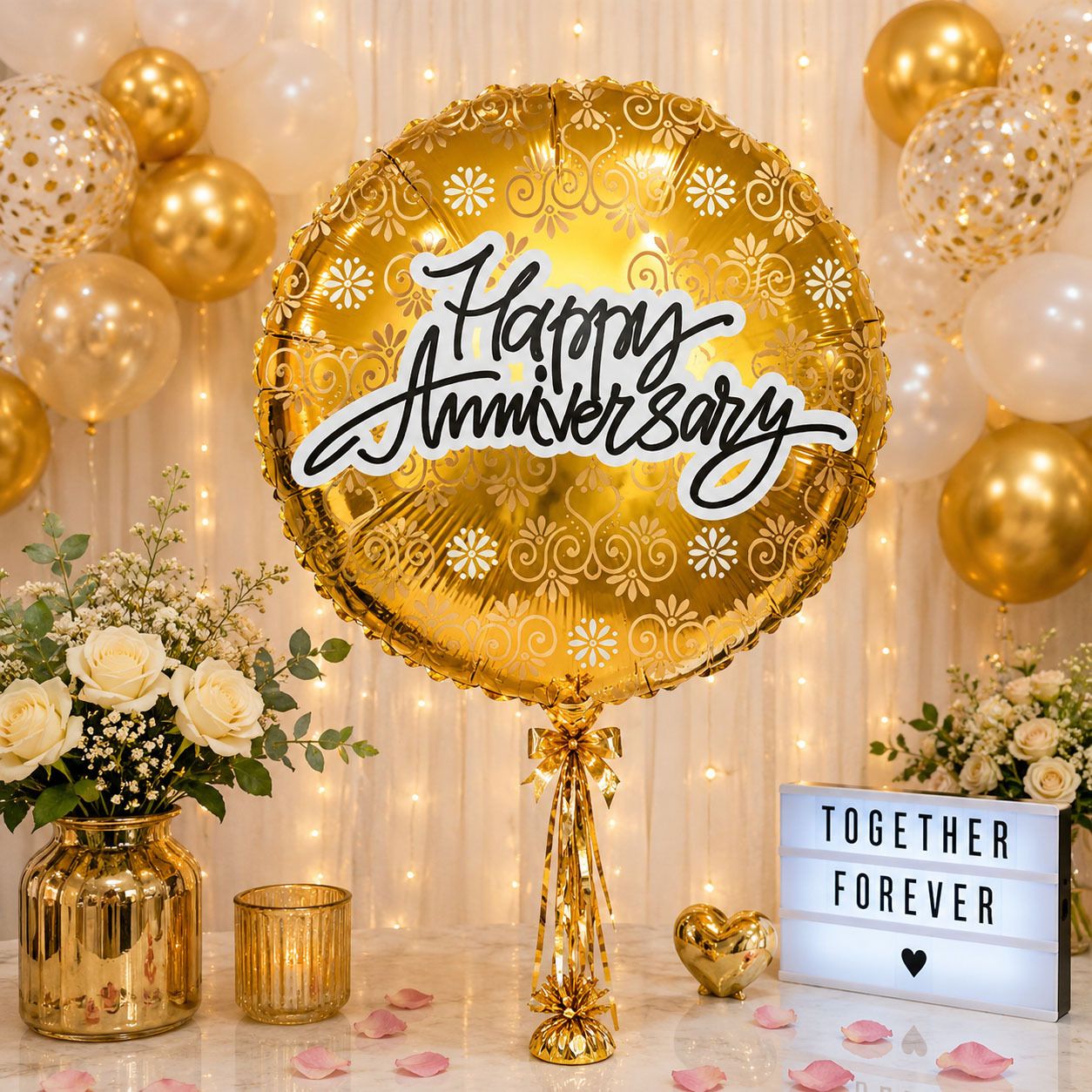 soi Solid Happy Anniversary Balloon Kit with Gold Round Foil & White Gold Balloons Balloon-picture-18