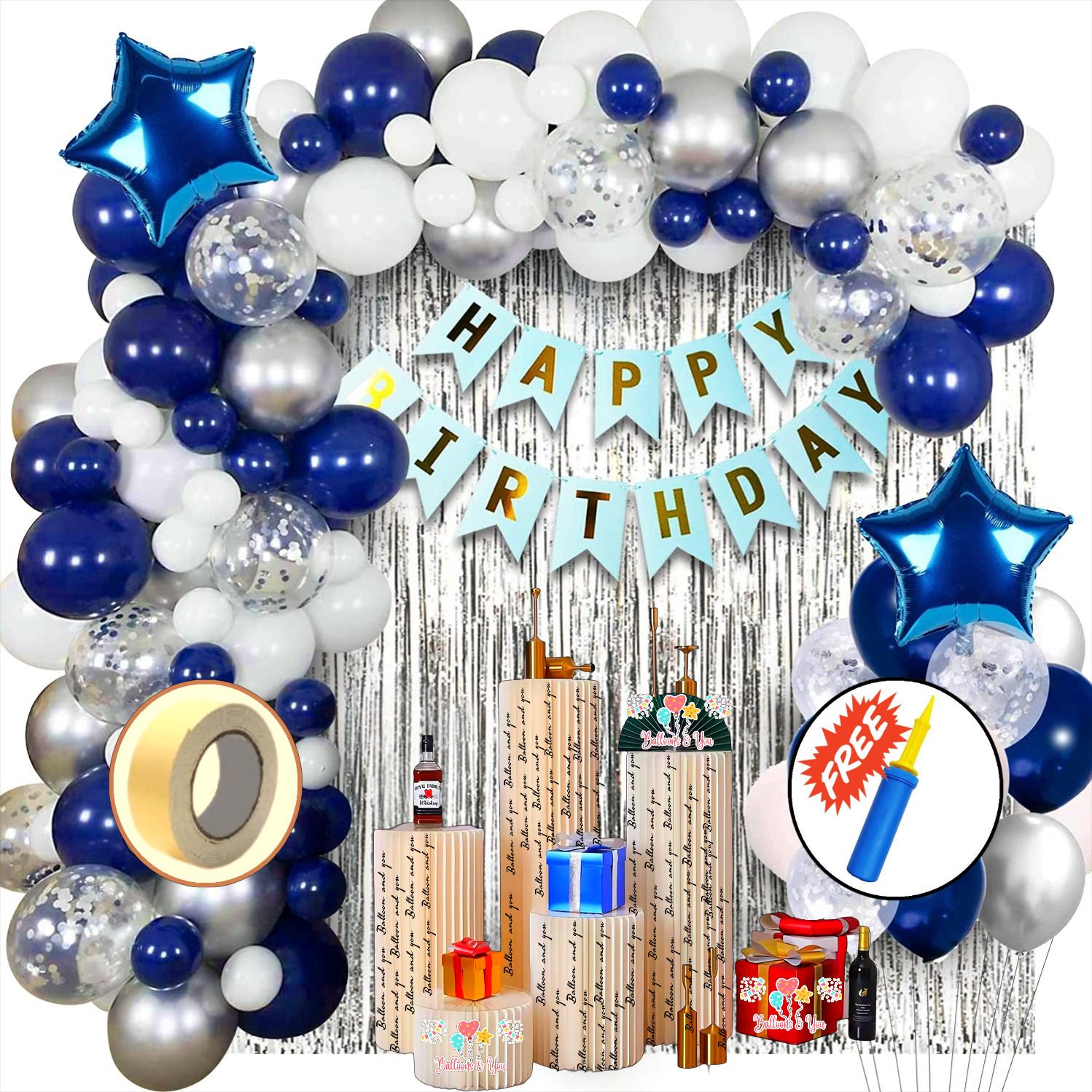 Solid Blue happy birthday decorations items kit with balloon pump, banner, curtain & Balloon-image-39