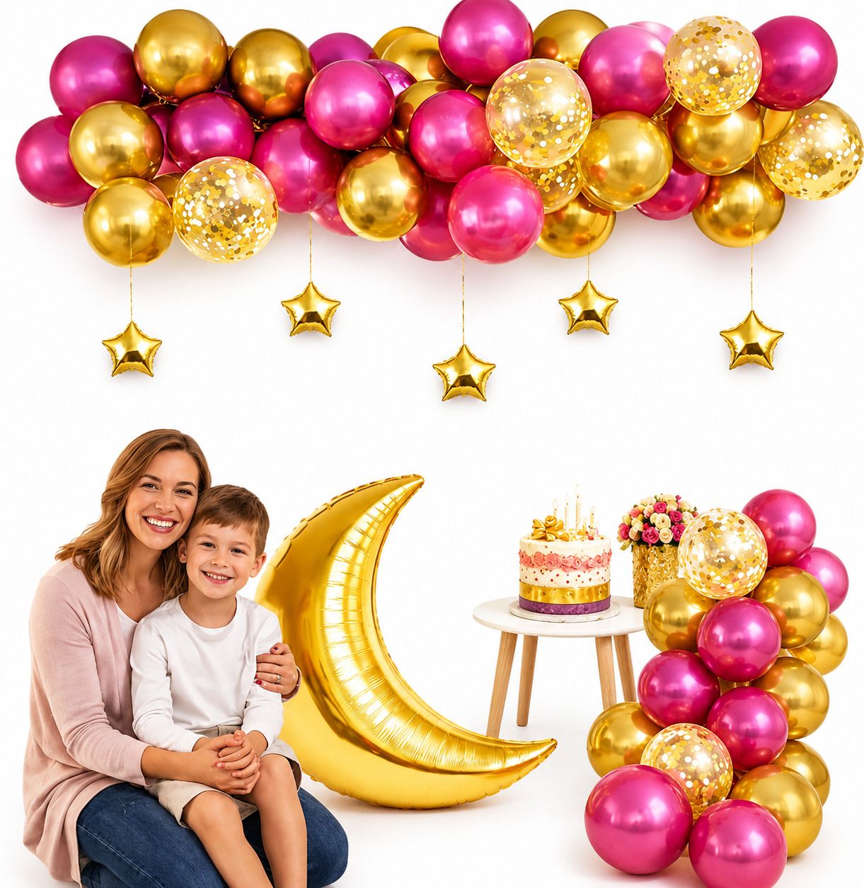 Solid Dark Pink Gold Balloon Kit with Moon & Star Foil Balloon Balloon-image-4
