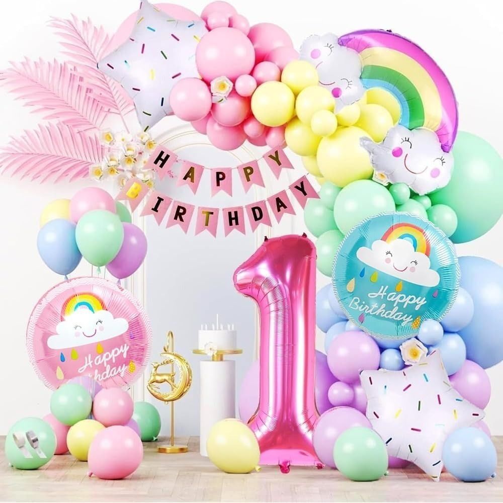 Printed Rainbow Cloud Theme First Birthday Pastel Balloons Decoration Kit For Baby Balloon Bouquet-image-5