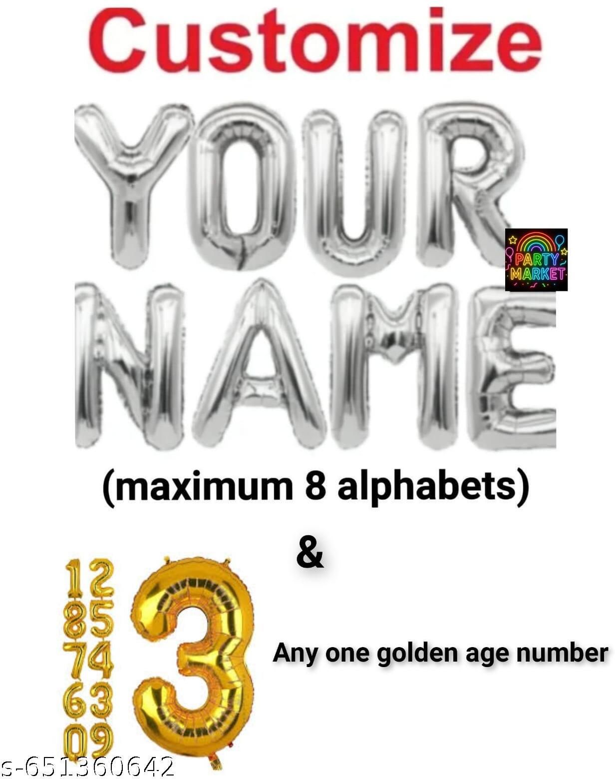 Solid Custom Name Silver Foil Balloon Set – 8 Letters + Golden Age Number Letter Balloon-image-34