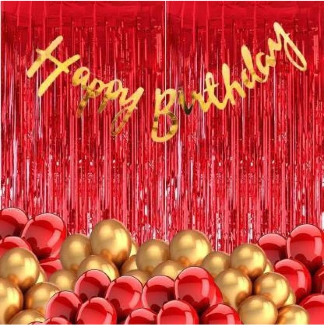 Solid Birthday RED Themed Decoration Kit- 1Bunting,2RedCurtains,20Red&10Gold balloons Balloon-image-22