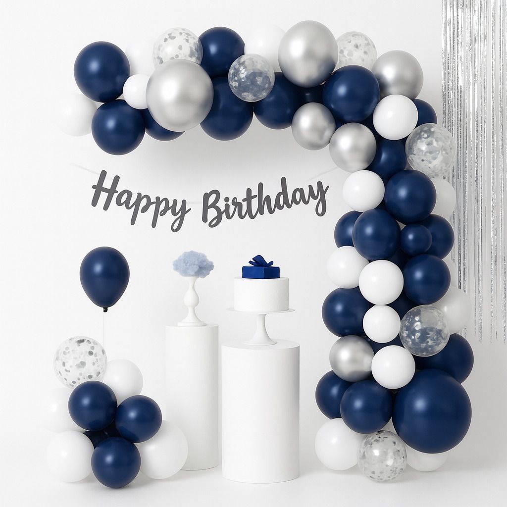 Solid Blue Silver & White Balloon Arch Birthday Decoration Kit with HBD Banner Balloon-image-30