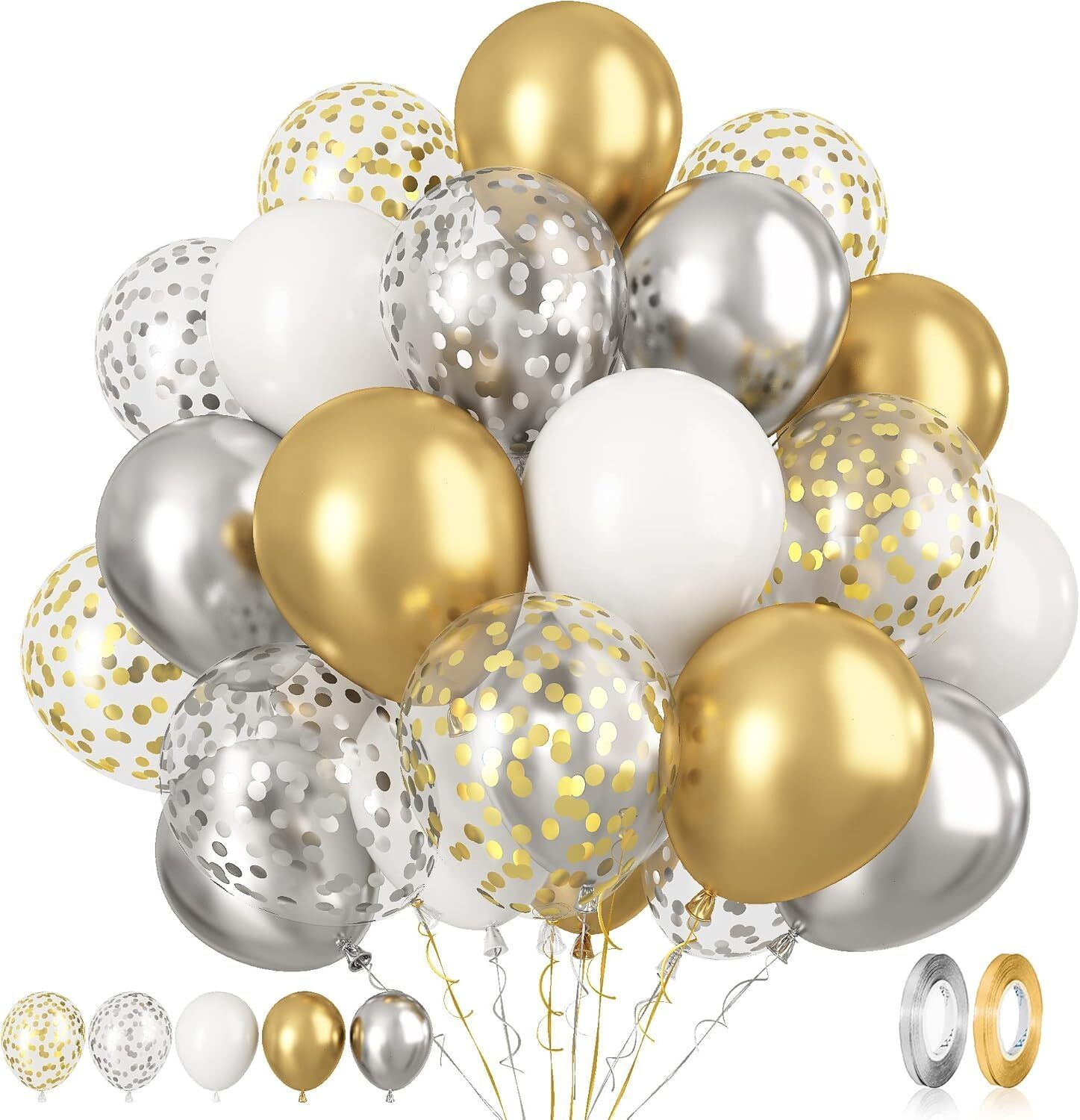 Solid 60 Pcs Metallic Gold Silver and White Confetti Balloons for Birthday Balloon-image-47