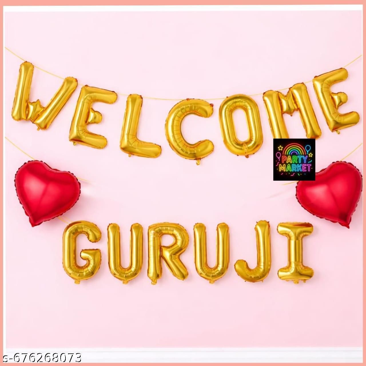 partymart Solid Guruji Satsang Decoration Set|Welcome Guruji Golden Foil with Red Heart Balloons Letter Balloon-picture-23