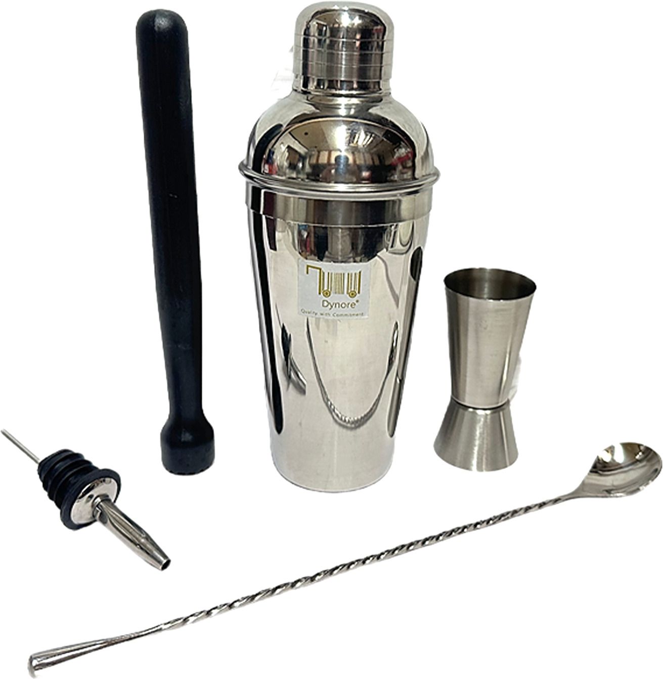 Dynore Stainless Steel 5 Pcs Professional Bar Set- Cocktail Shaker, Tall Peg Measure, Teardrop Bar Spoon, Wine Pourer, PVC Muddler Black 5 - Piece Bar Set