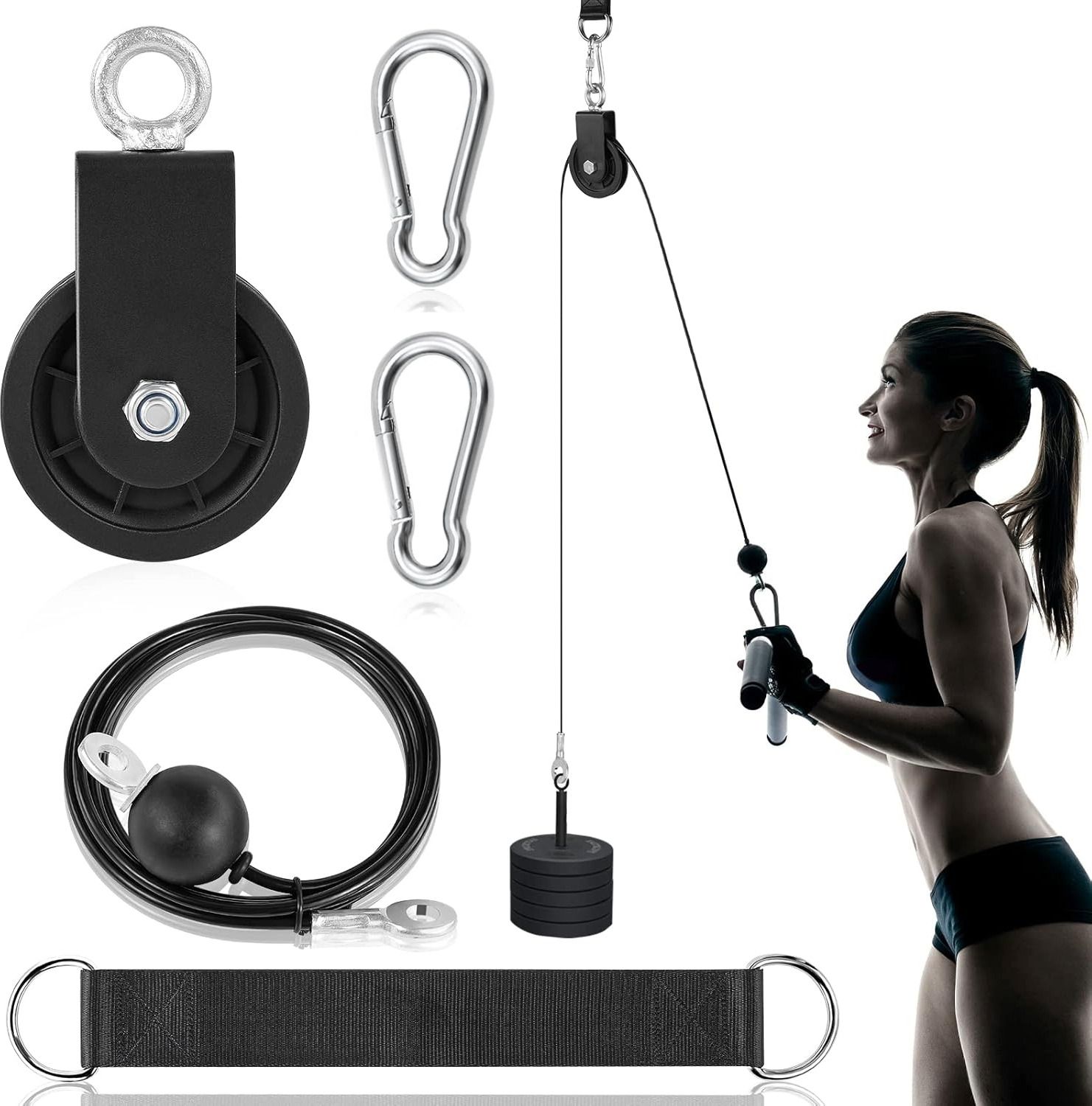 ymd 2M Cable Pulley System with Carabiner, Strap,Detachable DIY Gym Pulley System Fitness Accessory Kit Kit-picture-19