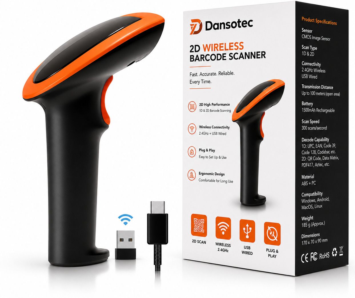 Dansotec HT20 Wireless 2D Barcode Scanner Gun QR Code Reader for POS Billing Retail Store & Inventory Management (with bluetooth) 2D Camera Barcode Scanner-image-5