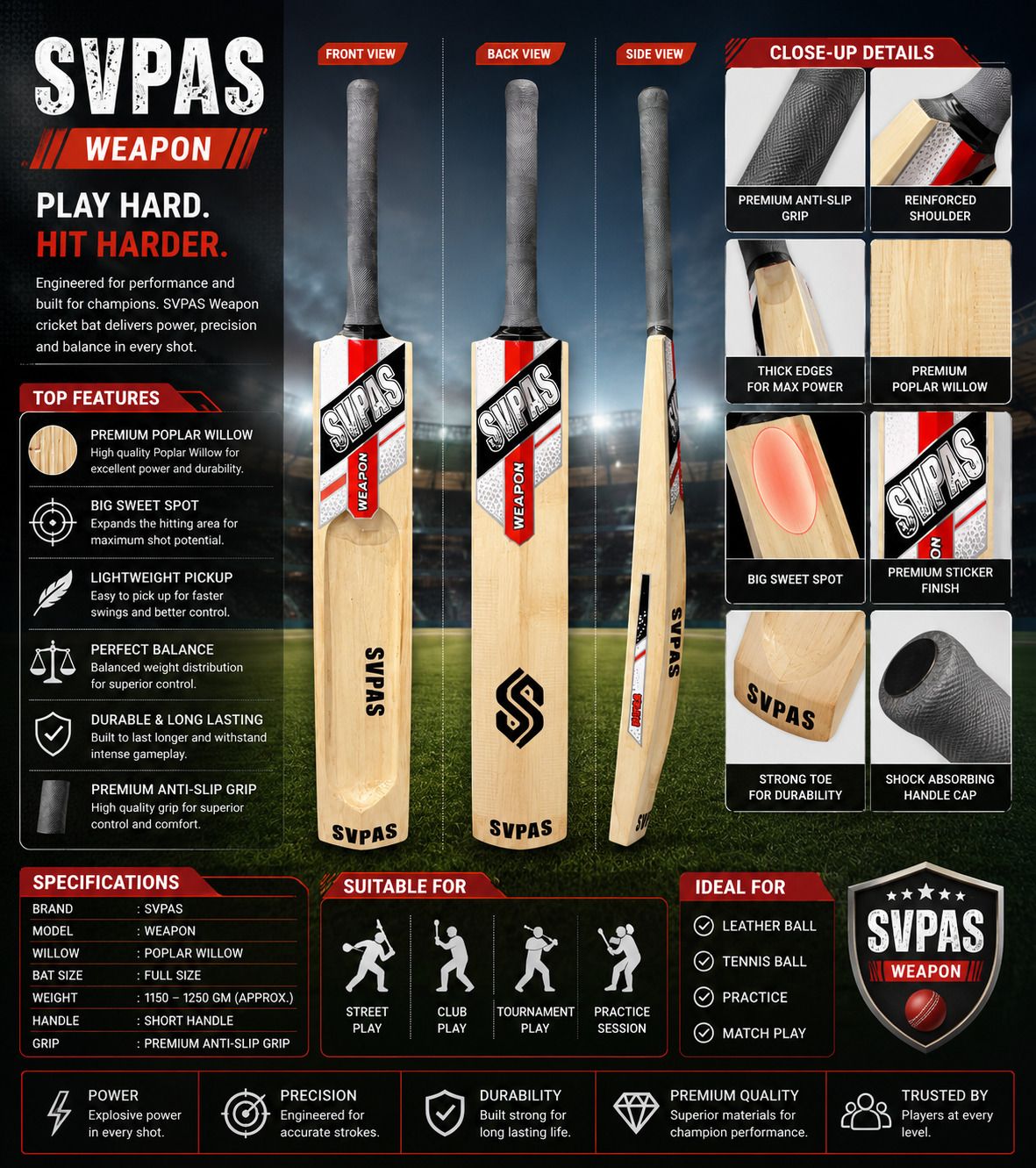 svpas Pro Tennis Scoop cricket bat Poplar Willow Cricket Bat For 10 - 12 Yrs-picture-16