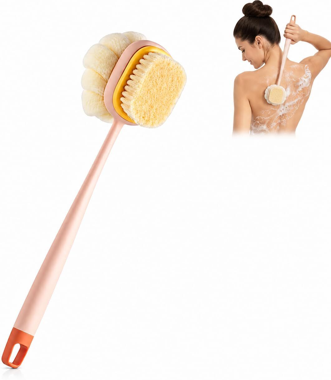 elitecart 2 in 1 Long Handle Bath Brush with Soft Bristles & Loofah Body Scrubber for Bath-picture-7