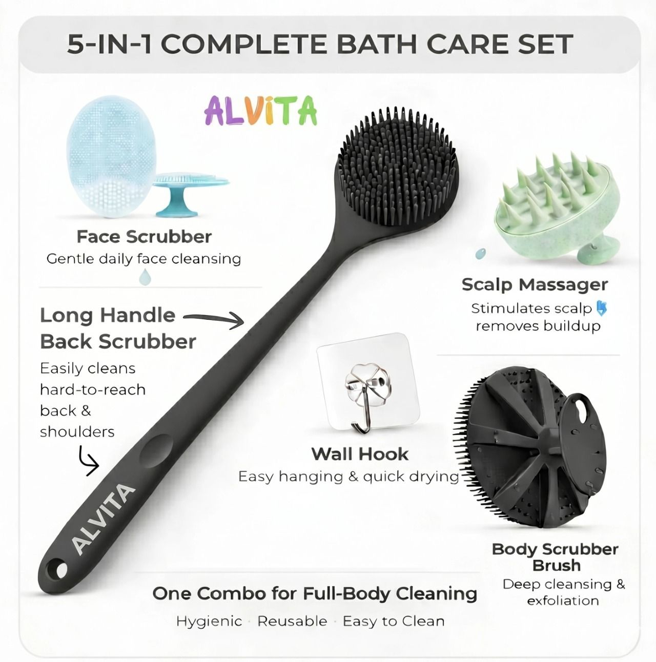 Silicone Bath Scrubber 5 in 1 Back Brush Body Exfoliating Scalp Face Cleaner Set-image-33