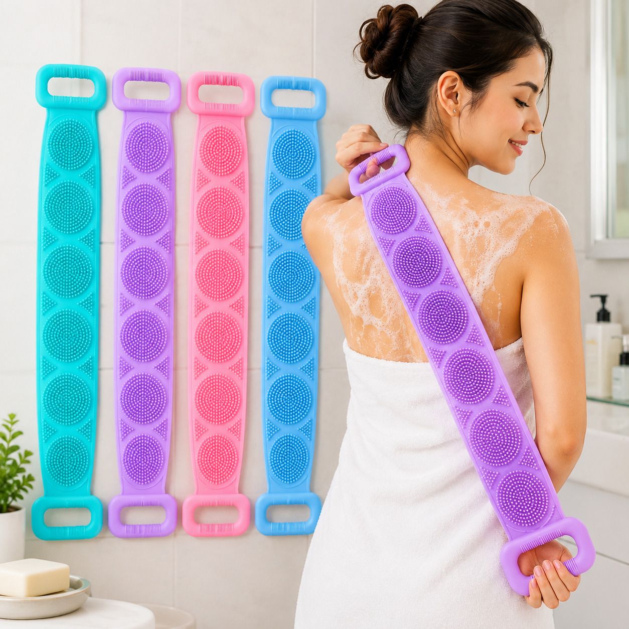 elara collective Multicolor Silicone Bath Back Scrubber | Body Scrub Belt for Men & Women-picture-13