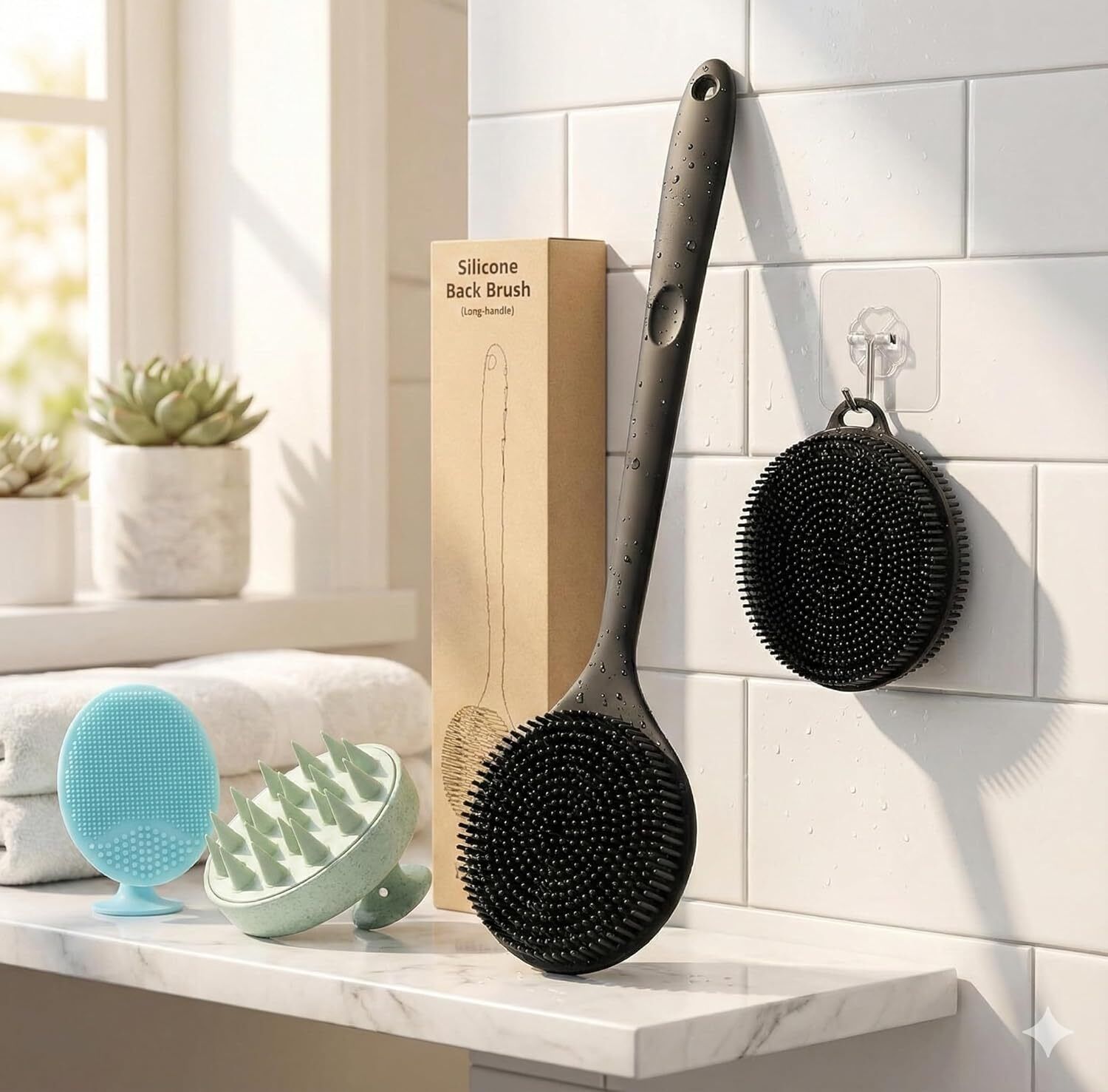 alvita Soft Silicone Back Scrubber Long Handle Bath Brush + Body Scrubber Bath Brush + Scalp Massager for Hair + Face Scrubber Brush,-picture-10