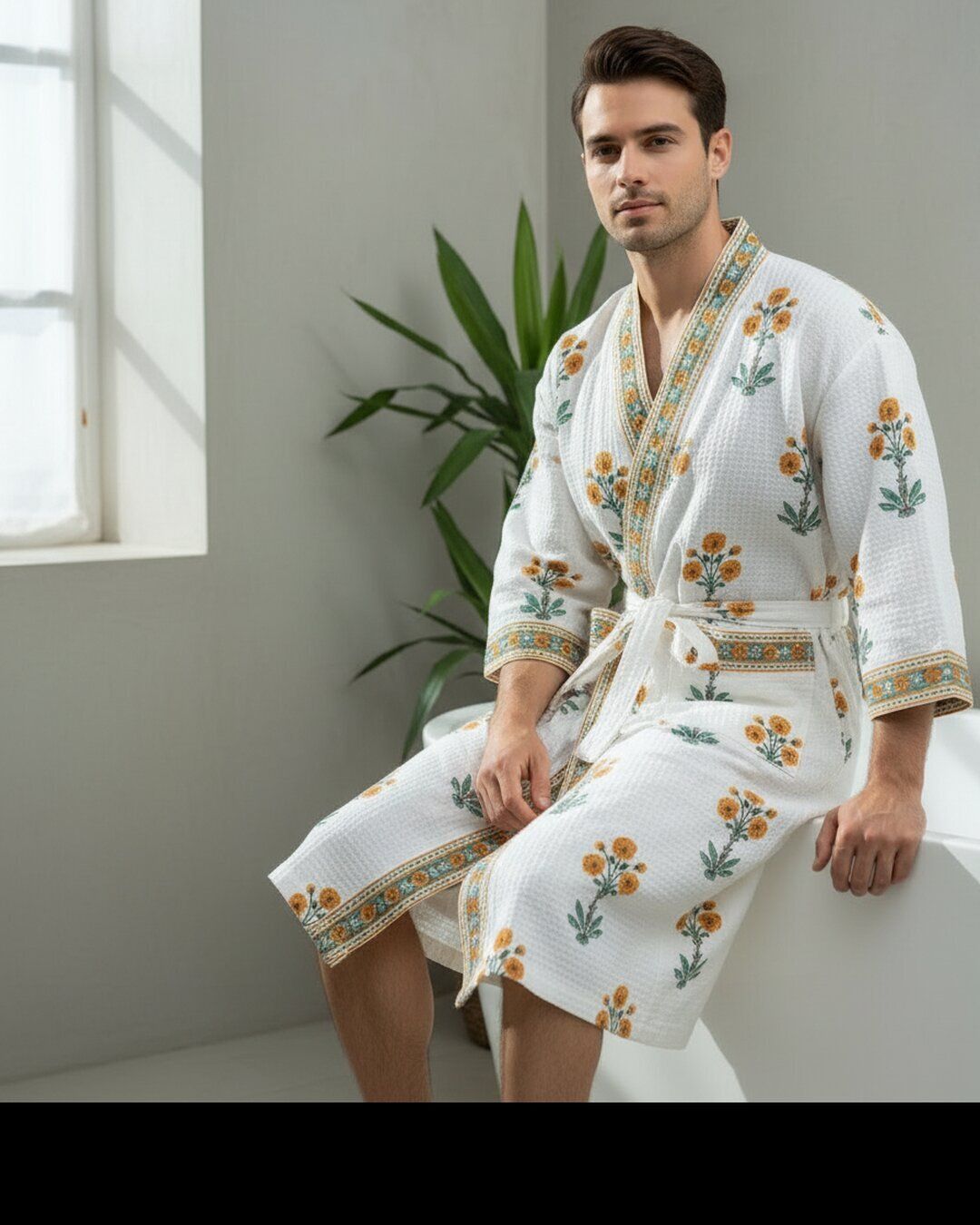 Yellow Floral-White Free Size Bath Robe-image-22