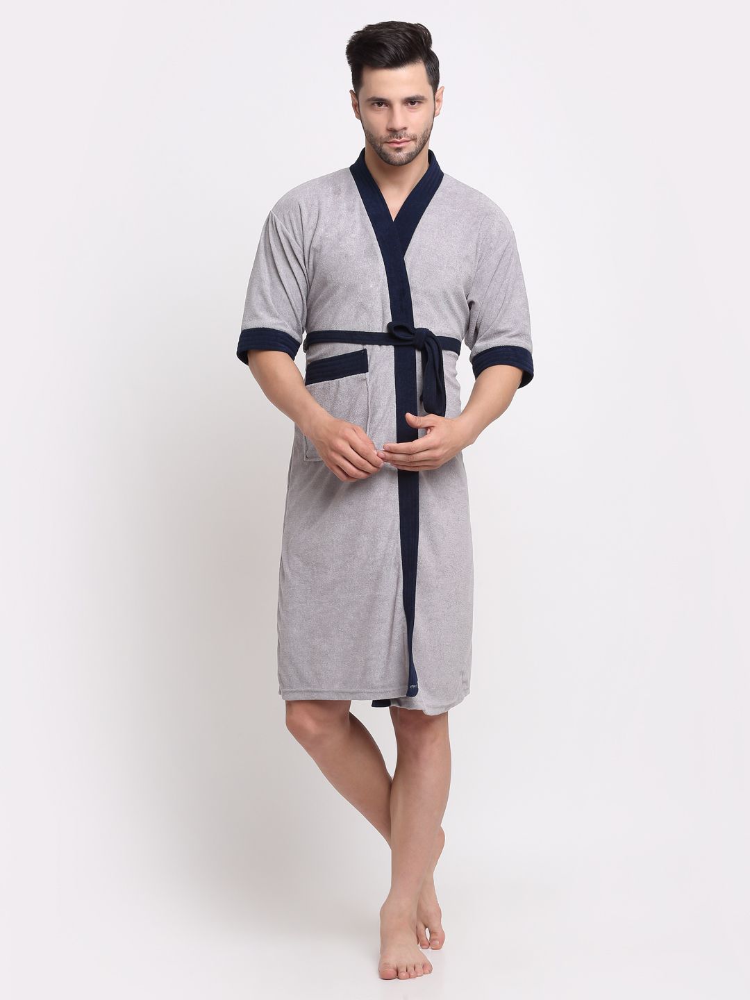 Grey & Navy Free Size Bath Robe-image-31