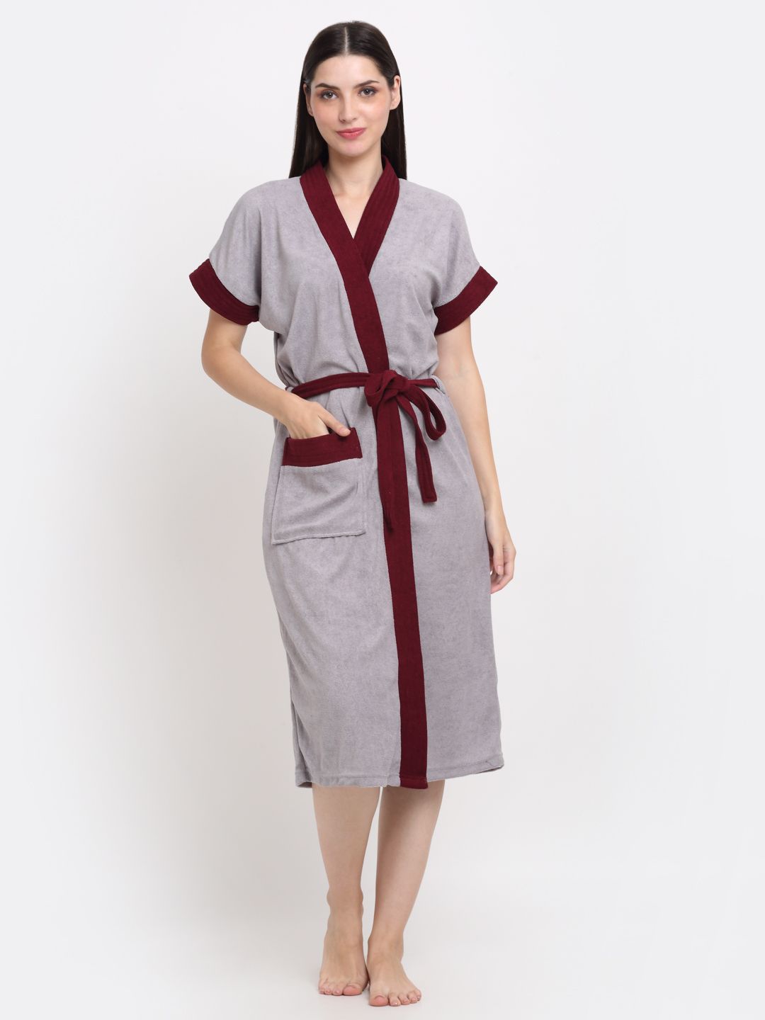 Grey & Wine Free Size Bath Robe-image-1