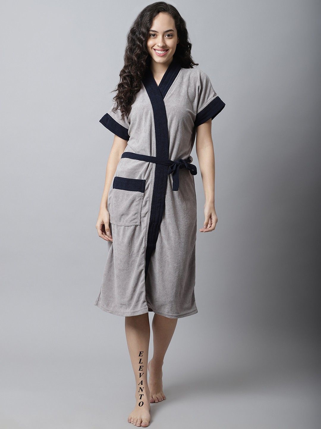 elevanto GREY-NAVY Free Size Bath Robe-picture-21