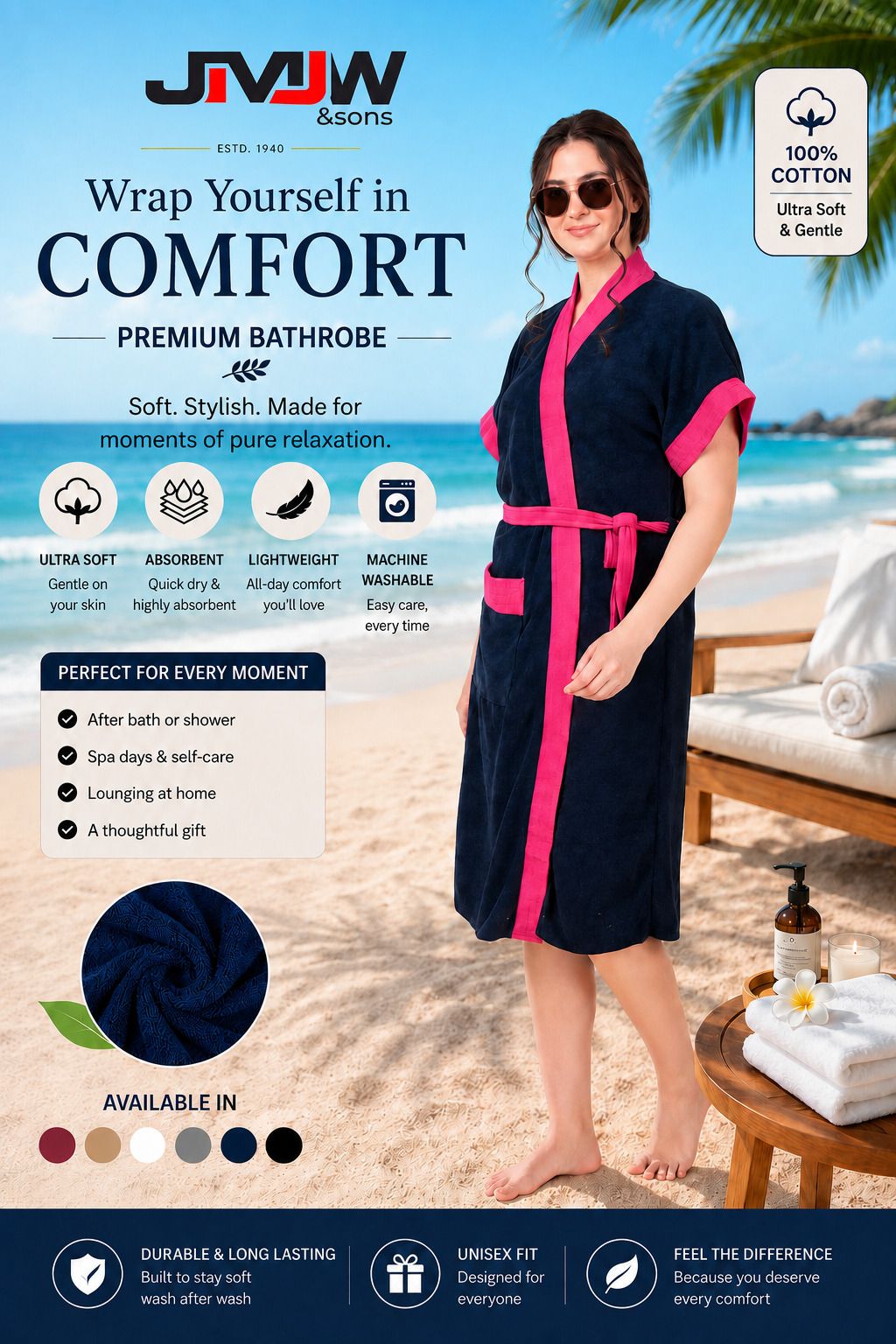 jmjw & sons Navy Blue Baby Pink XL Bath Robe-picture-27
