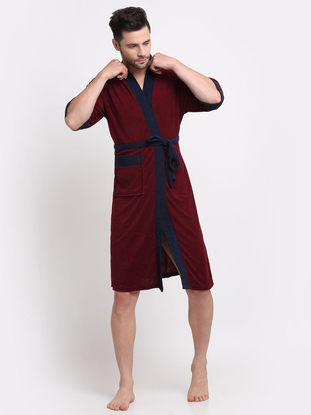 creeva Wine & Navy Free Size Bath Robe-picture-18