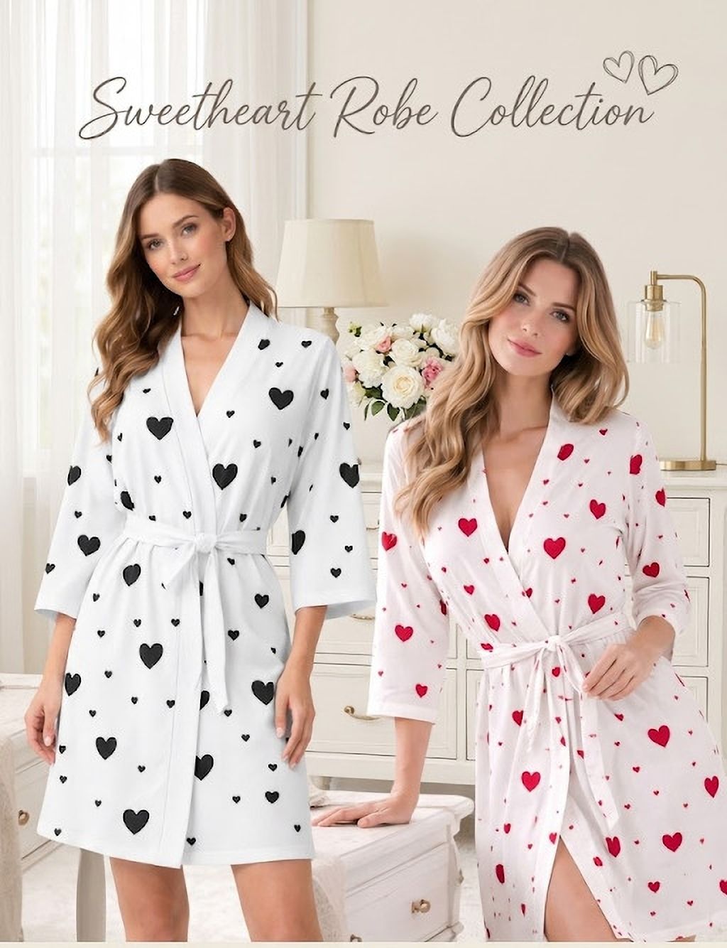 RED & BLACK HEART PRINTED ROBE Free Size Bath Robe-image-0