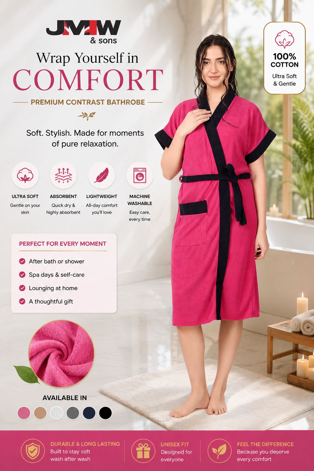 jmjw & sons Baby Pink Navy Blue 4XL Bath Robe-picture-20
