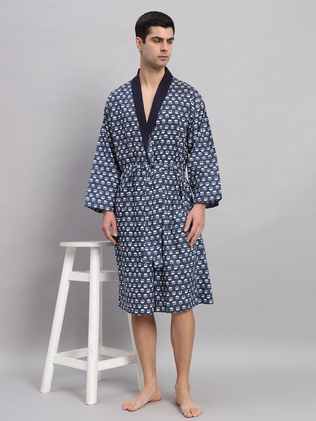 Blue White Floral Free Size Bath Robe-image-39