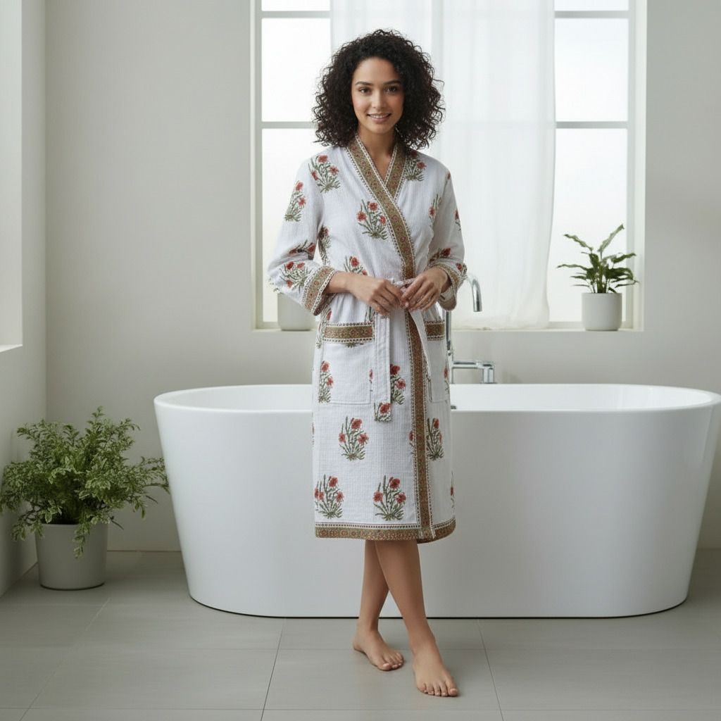 Red Brown Floral- White (Hand Blocked) Free Size Bath Robe-image-22