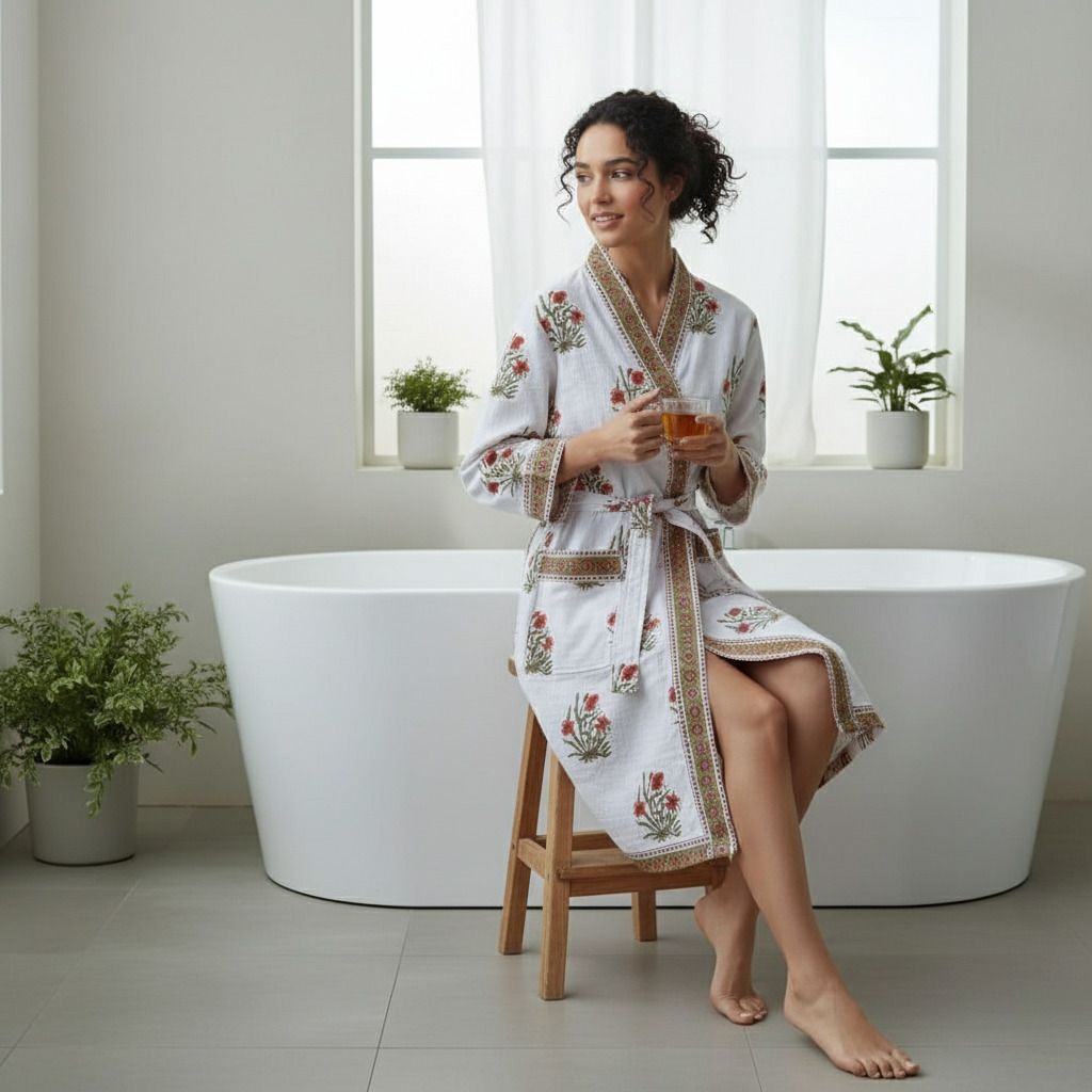 jinaya's Hand Blocked Floral- White Free Size Bath Robe-picture-38