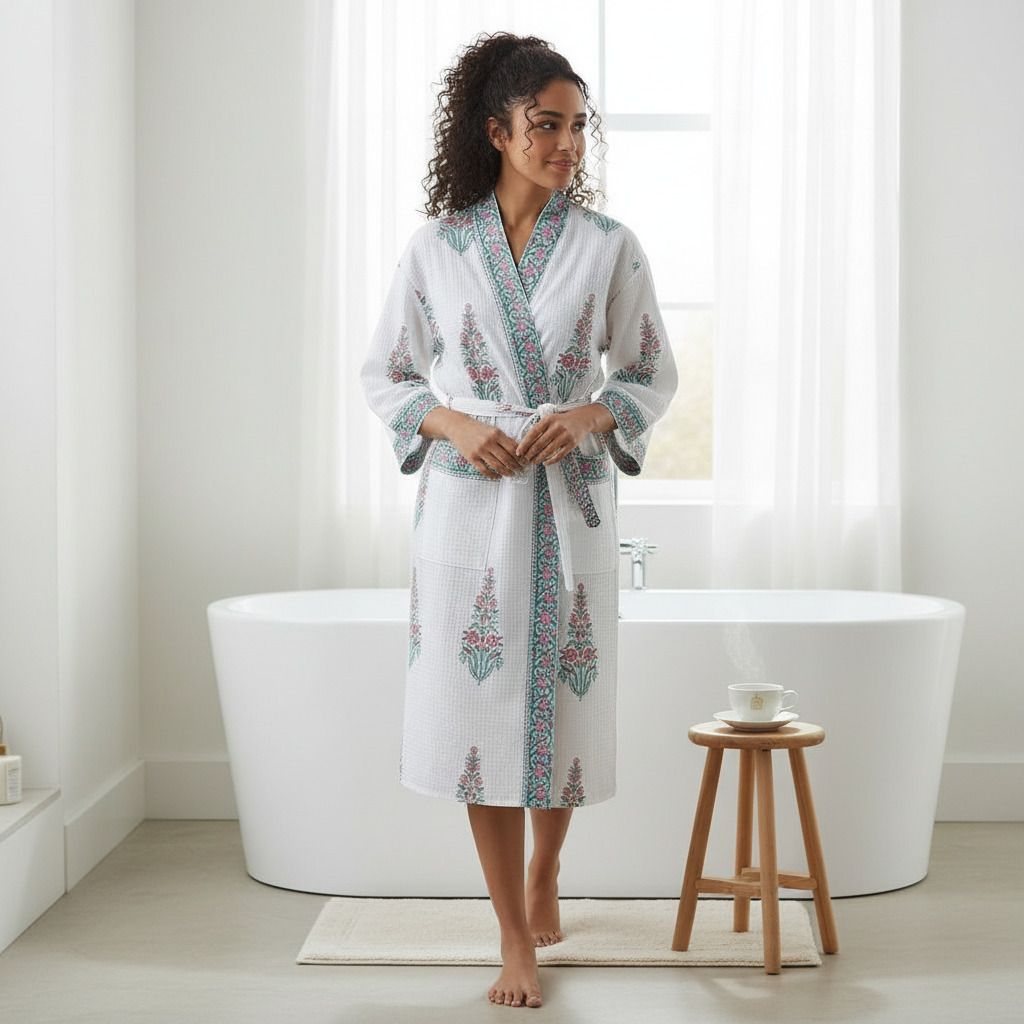 trueyarns Floral- White (Hand Blocked) Free Size Bath Robe-picture-28
