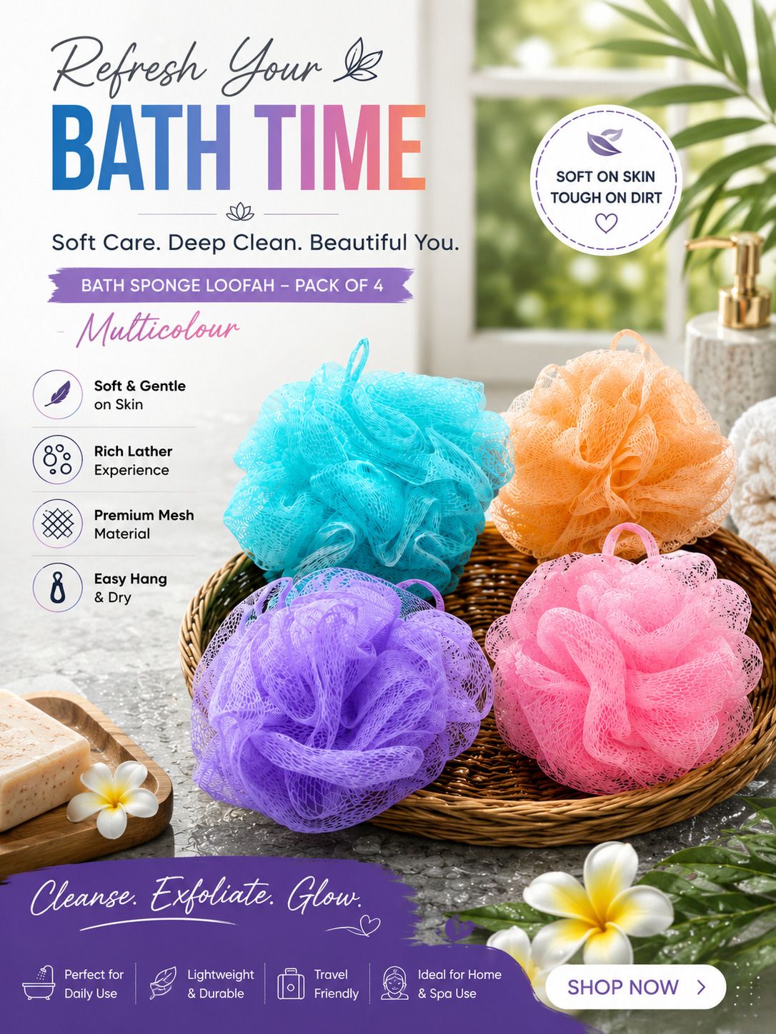 bathbliss Bath Accessories Loofah Soft Body Scrubber Set(PACK OF 4)-picture-15