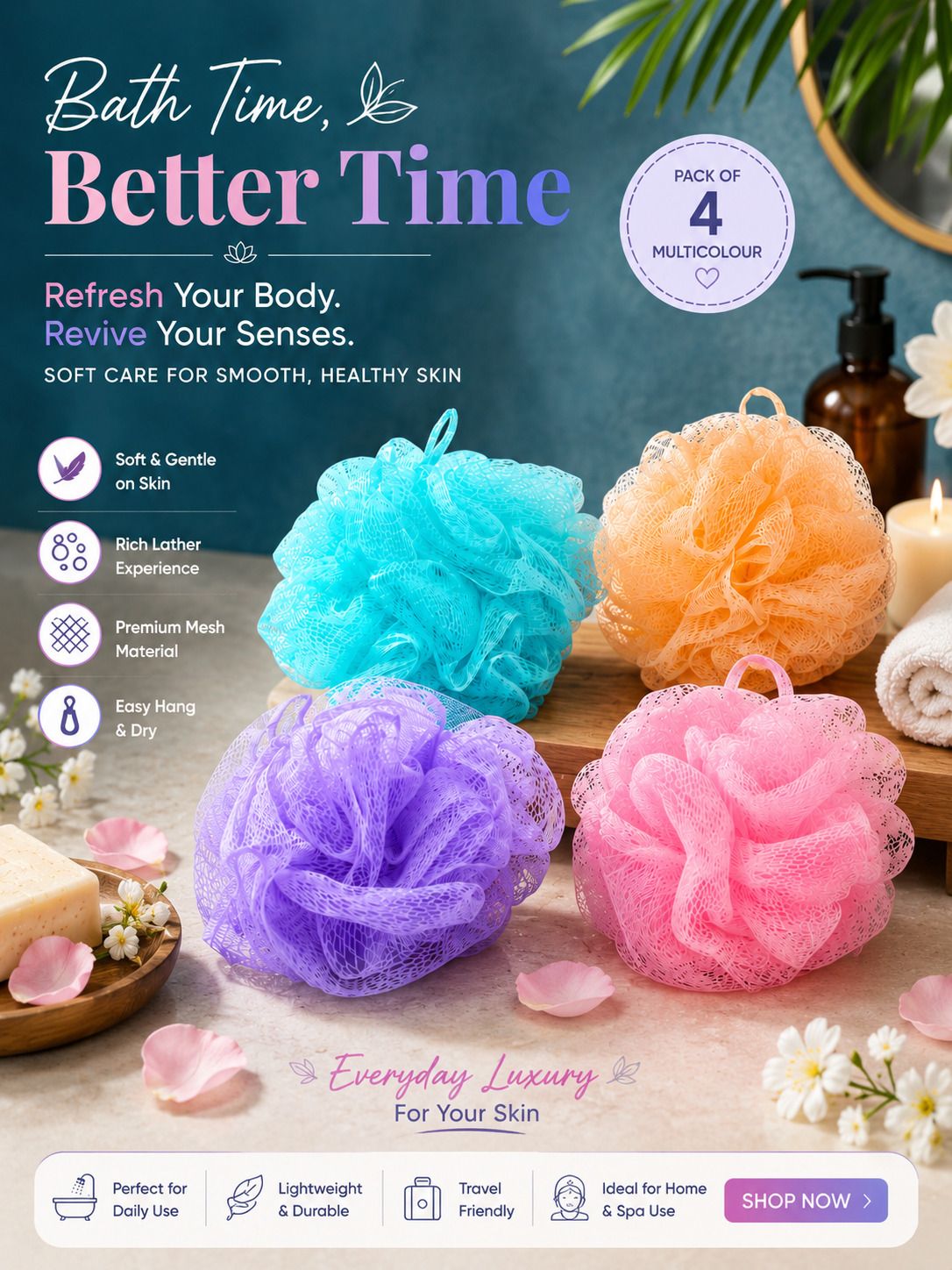 bathbliss Soft Shower Bath Loofah Multicolour Mesh Sponge(PACK OF 4)-picture-19