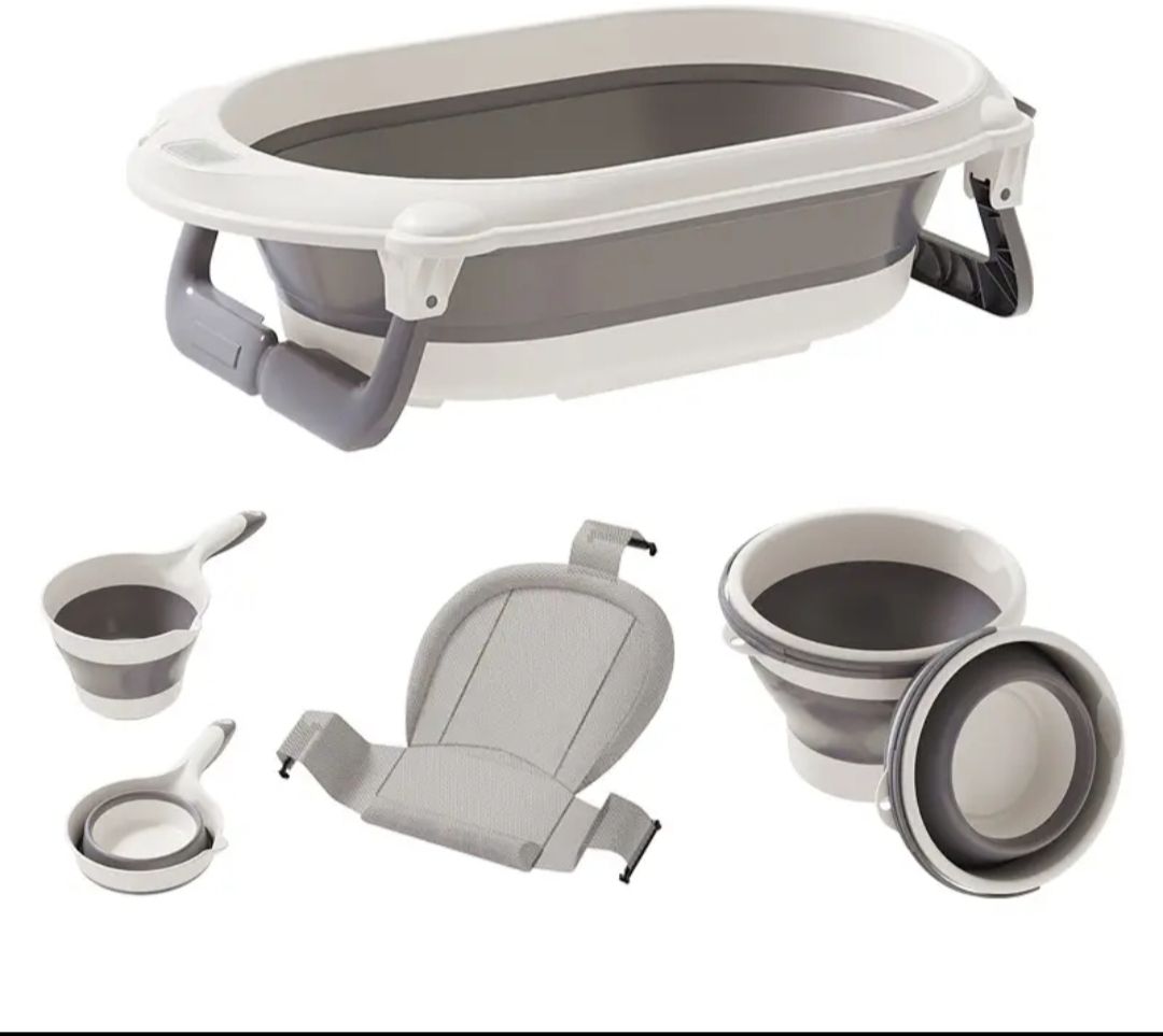 KP-A768 Foldable Baby Bath Tub Set 4-in-1 with Sling, Pail & Mug for Newborns Free-standing Bathtub-image-2
