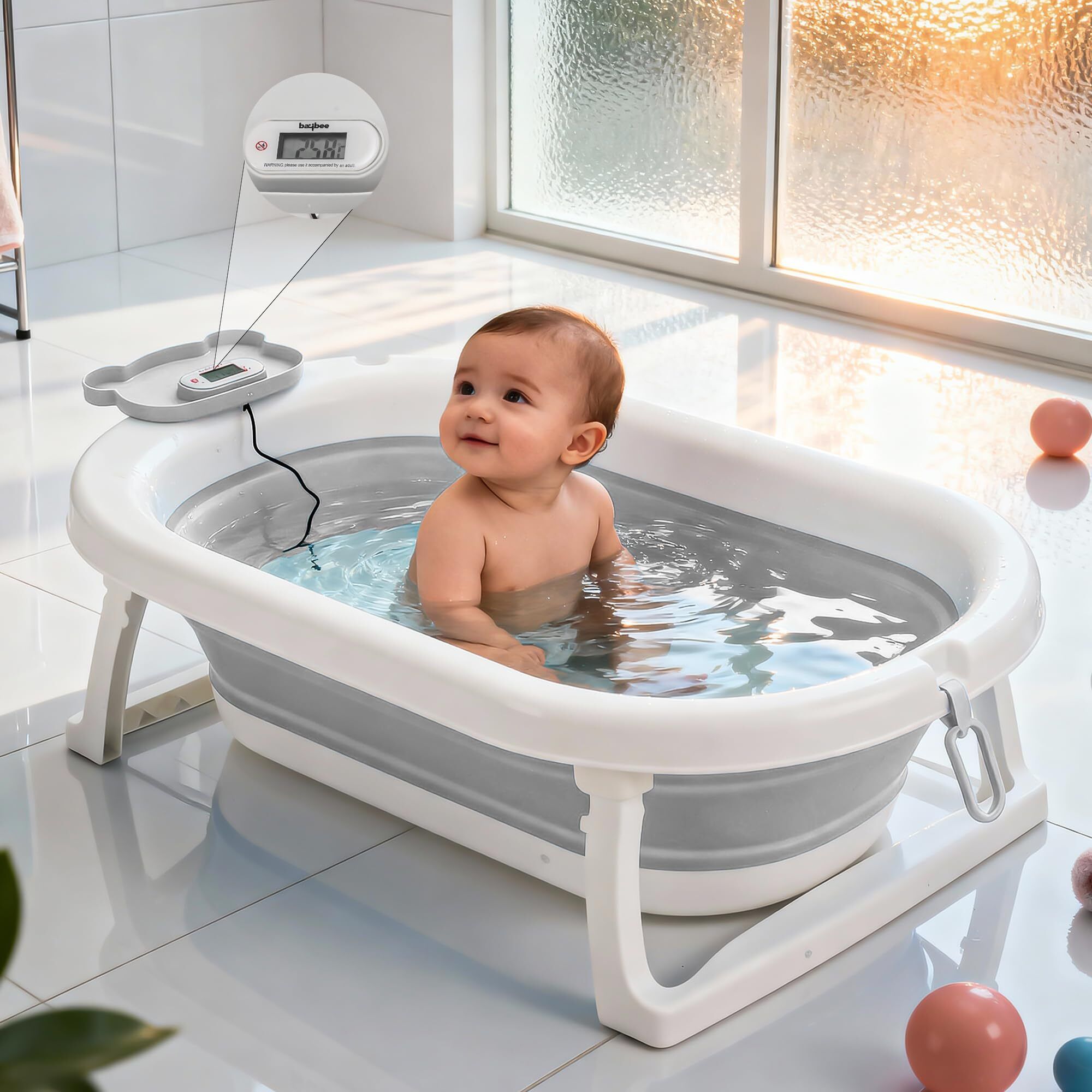 Foldable Baby Bath Tub for Kids with Anti Slip Bathing Tub with Temperature-image-3